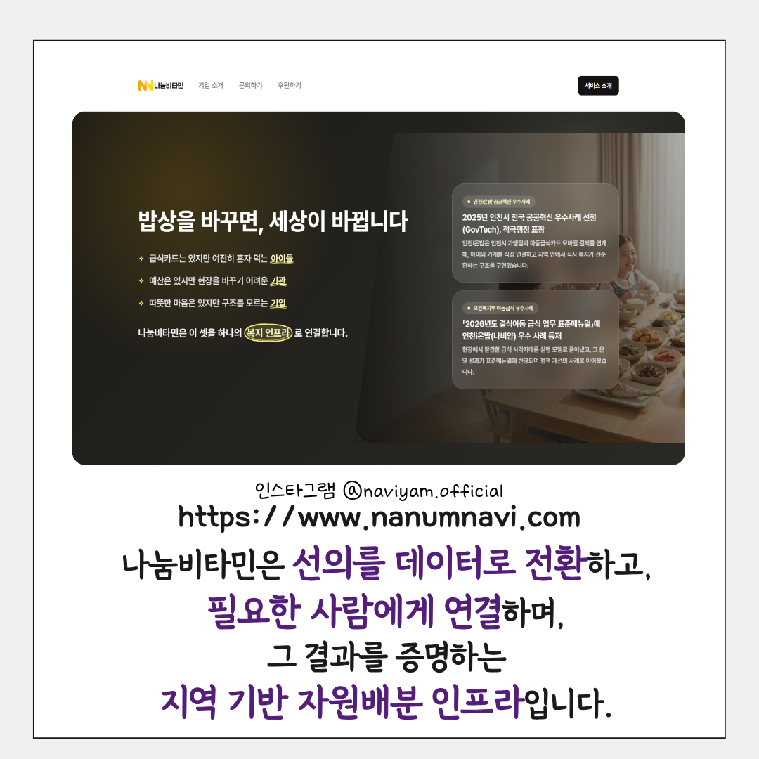 https://www.nanumnavi.com 나눔비타민은 선의를 데이터로 전환하고,필요한 사람에게 연결하며, 그 결과를 증명하는 지역 기반 자원배분 인프라입니다.