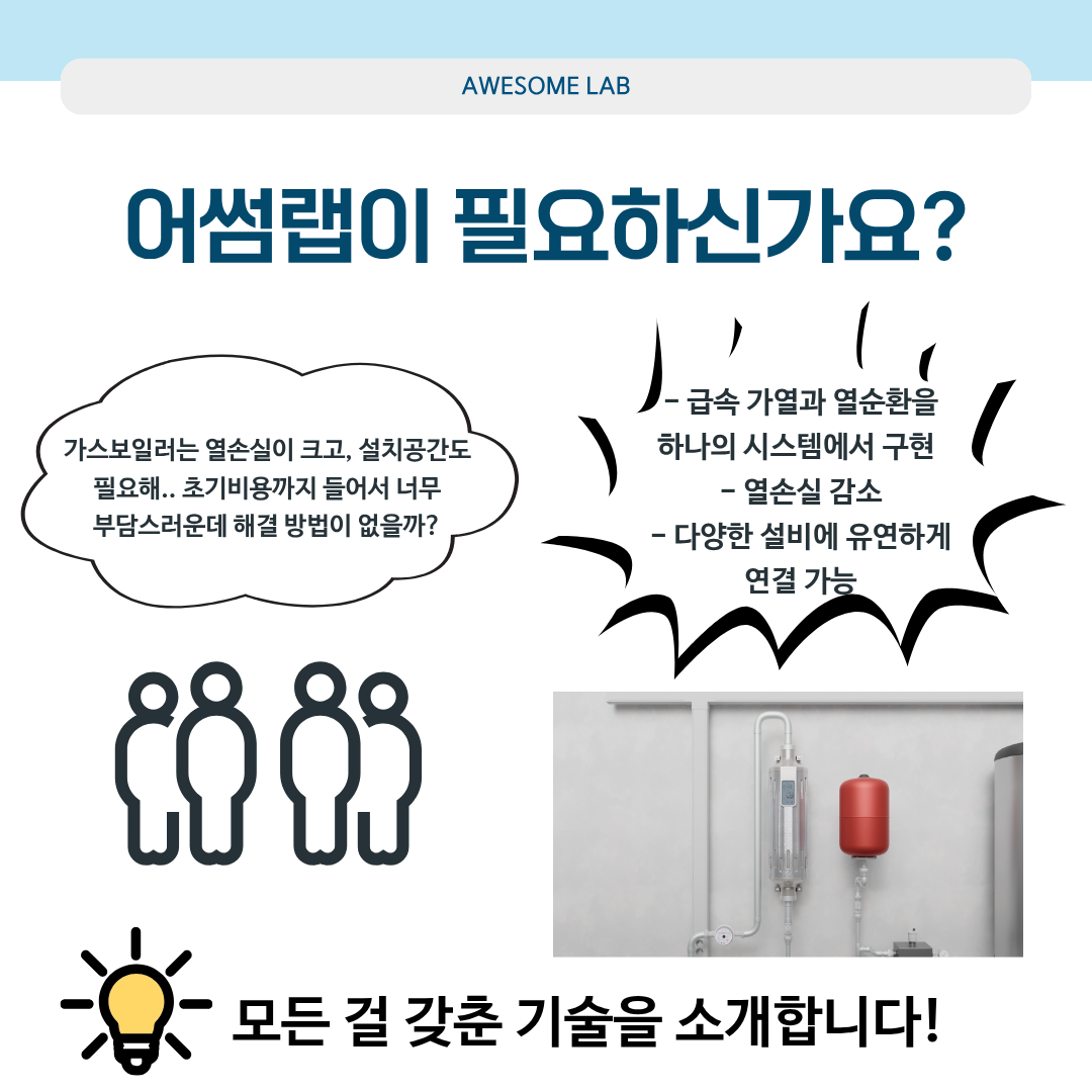 어썸랩이 필요하신가요? 가스보일러는 열손실이 크고, 설치공간도 필요해...초기비용까지 들어서 너무 부담스러운데 해결 방법이 없을까? - 급속 가열과 열순환을 하나의 시스템에서 구현 - 열손실 감소 - 다양한 설ㄹ비에 유연하게 연결 가능 모든 걸 갖춘 기술을 소개합니다!